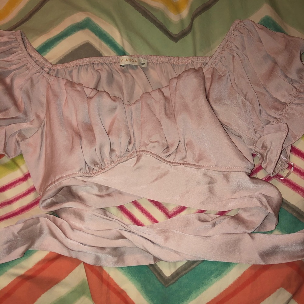 Blush pink cropped off the shoulder top